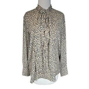 Ann Taylor Animal Print Ruffle Neck Blouse Size Small Long Sleeve Chic Workwear